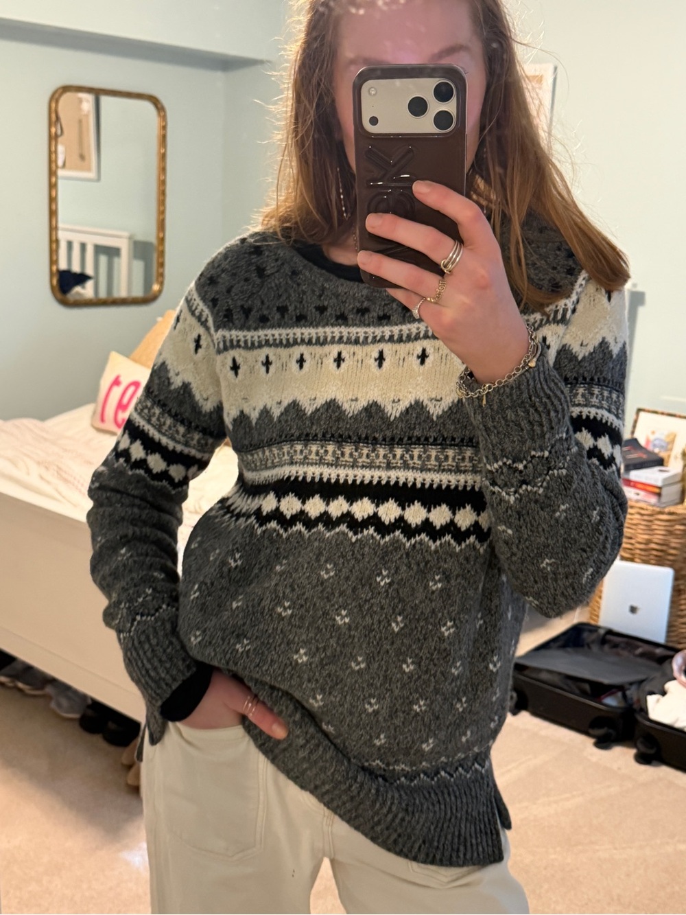 Cozy Grey Fair Isle Knit Sweater - Women's